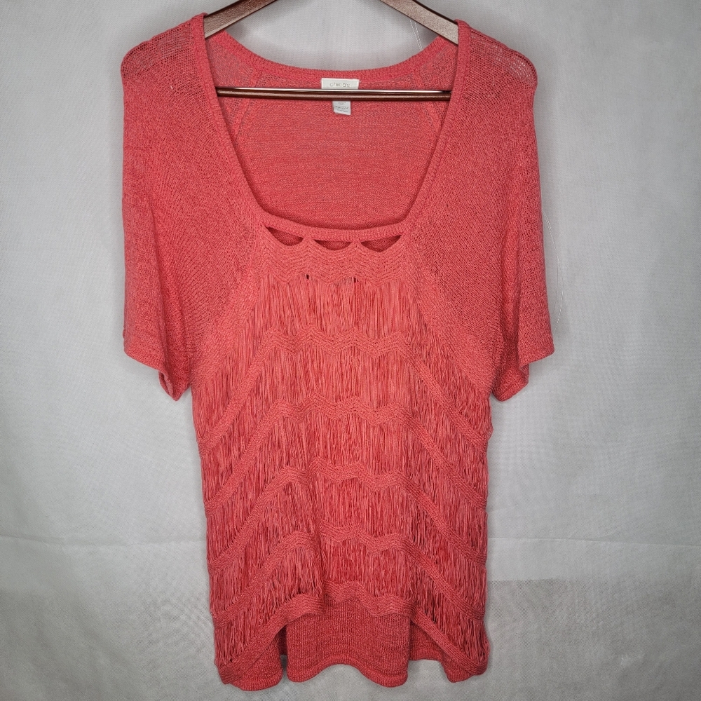 Chico's Sweater Coral Pink Short Sleeve Pullover Flapper Girl Fringe 3/XL